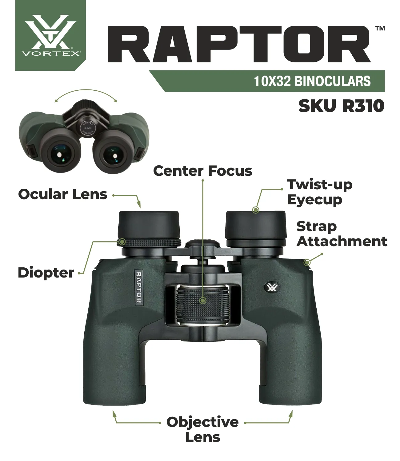 Vortex Optics Raptor 10x32 R310 Porro Prism Binocular with Free Hat Bundle
