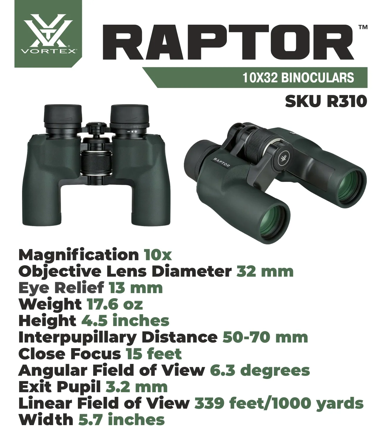 Vortex Optics Raptor 10x32 R310 Porro Prism Binocular with Free Hat Bundle