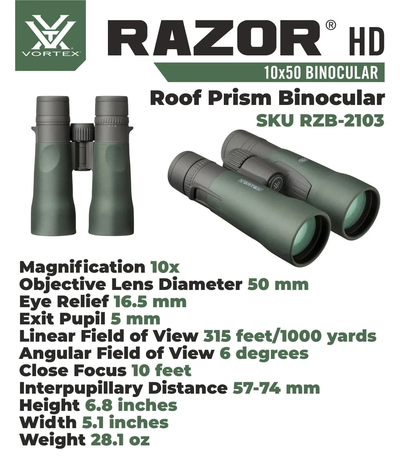 Vortex Optics Razor HD 10x50 Roof Prism Binocular RZB-2103 with Free Hat and Wearable4U Bundle