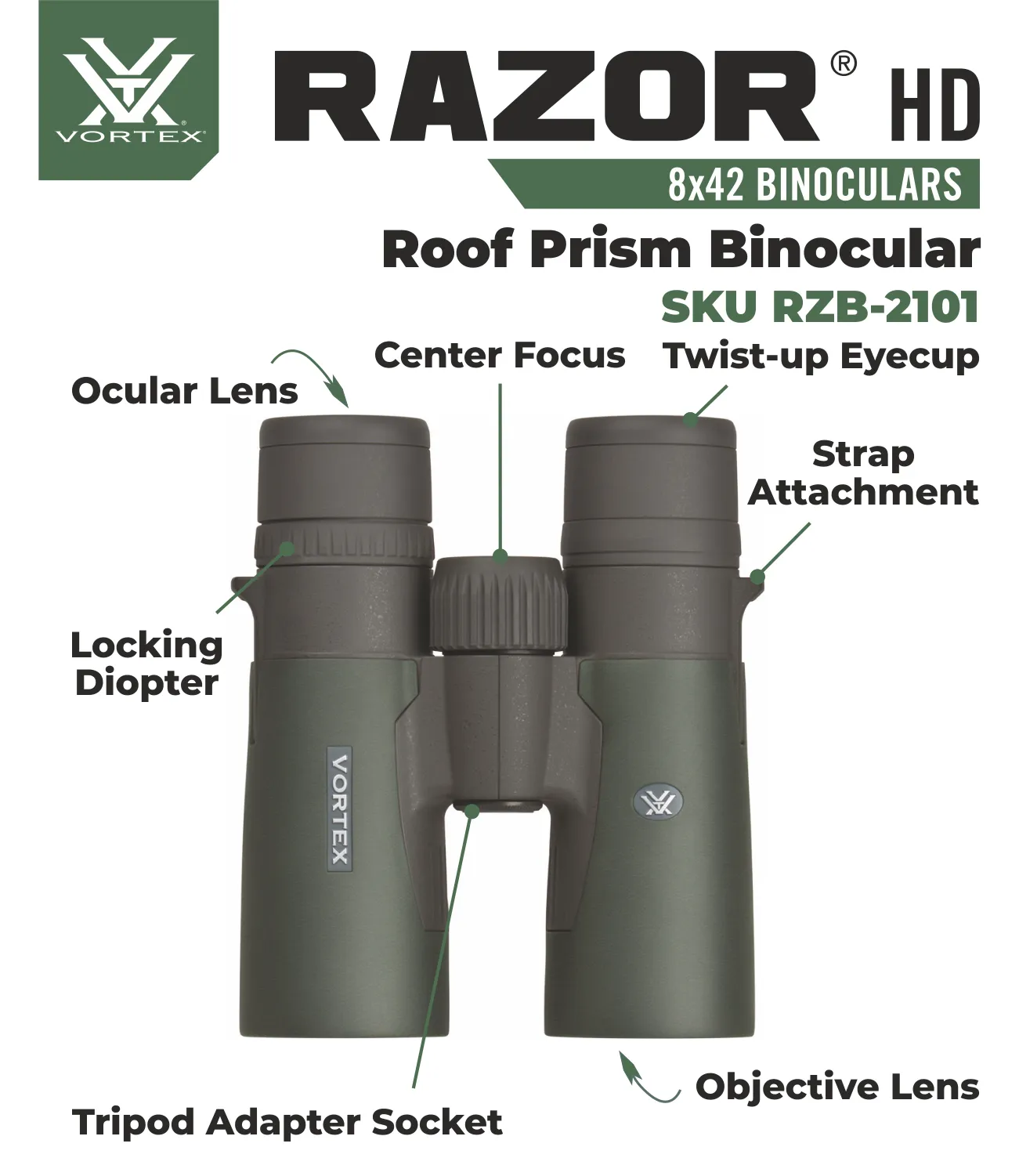 Vortex Optics Razor HD 8x42 Roof Prism Binocular RZB-2101 with Free Hat and Wearable4U Bundle
