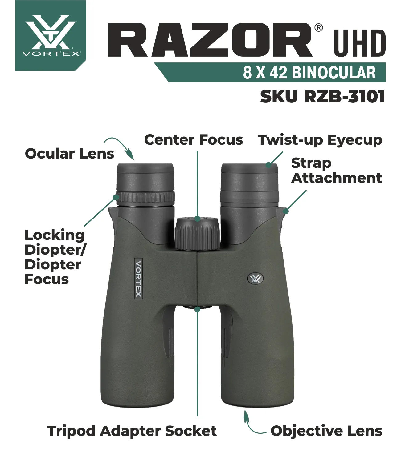 Vortex Optics Razor UHD 8x42 Binocular RZB-3101 with Free Hat and Wearable4U Bundle
