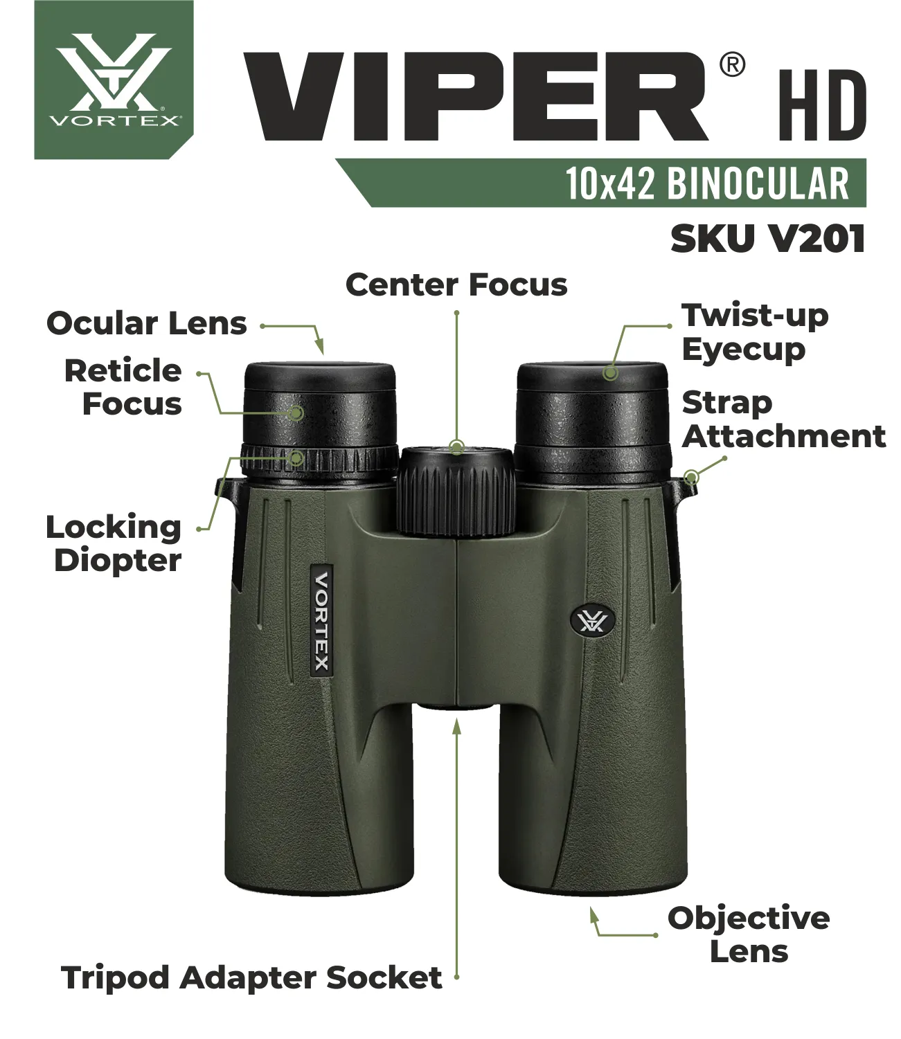 Vortex Optics Viper HD 10x42 Binocular V201 with Free Hat and Wearable4U Bundle