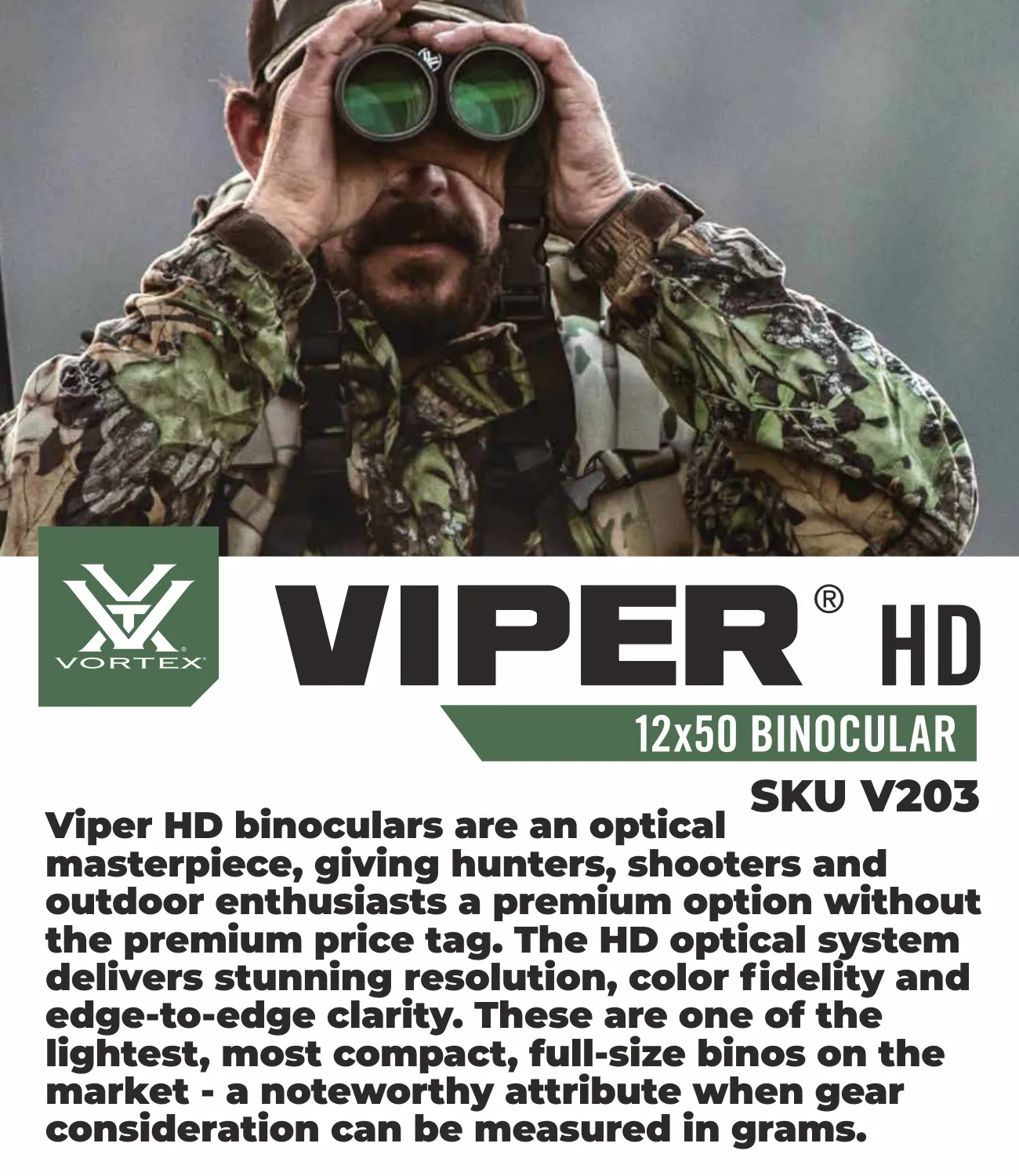 Vortex Optics Viper HD 12x50 Roof Prism Binocular V203 with Free Hat and Wearable4U Bundle