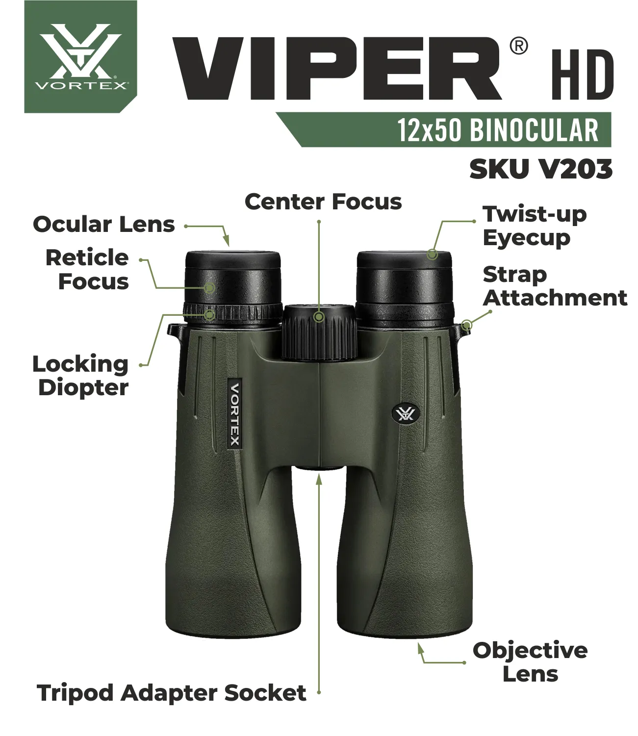 Vortex Optics Viper HD 12x50 Roof Prism Binocular V203 with Free Hat and Wearable4U Bundle