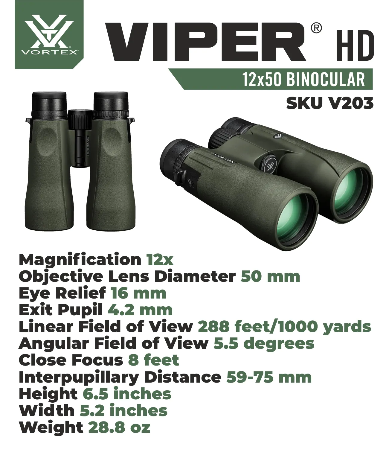 Vortex Optics Viper HD 12x50 Roof Prism Binocular V203 with Free Hat and Wearable4U Bundle