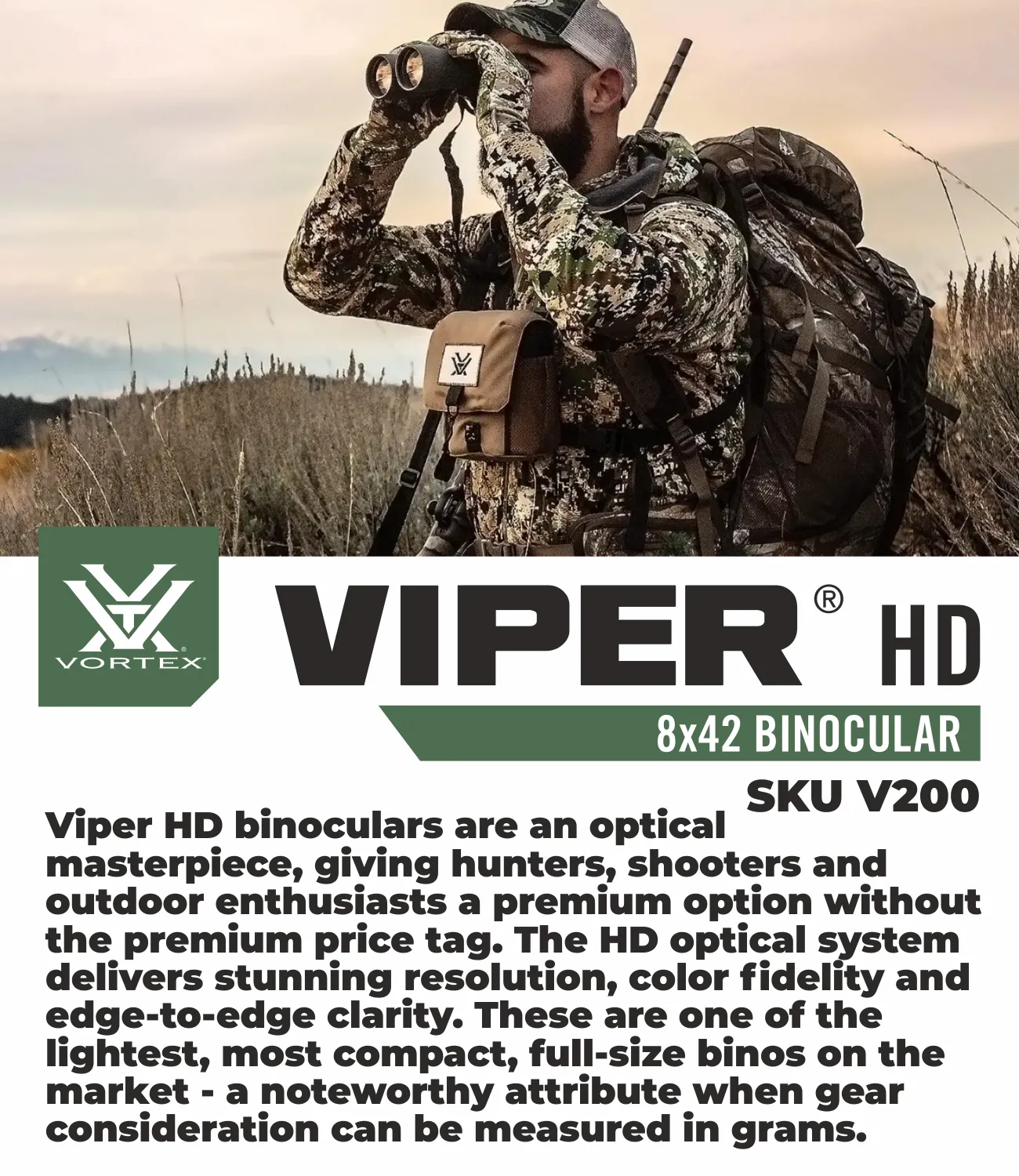 Vortex Optics Viper HD 8x42 Roof Prism Binocular V200 with Free Hat and Wearable4U Bundle