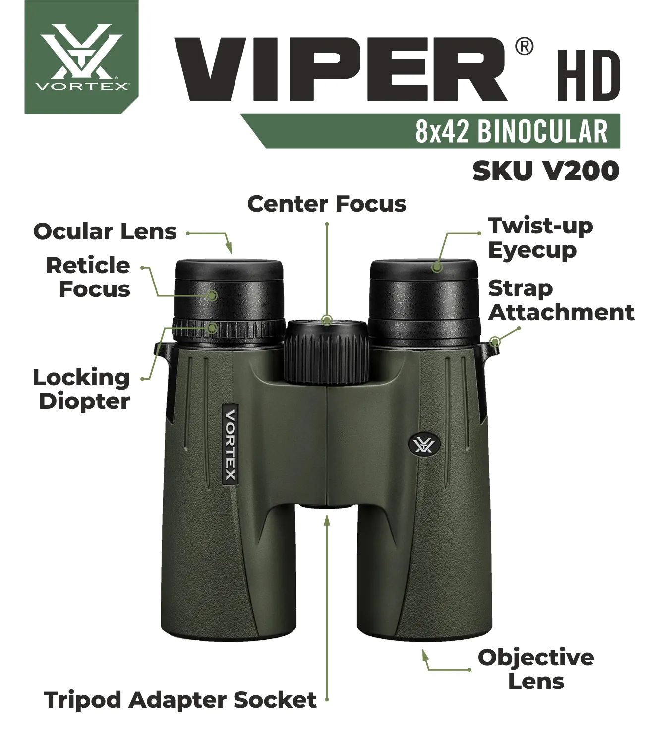 Vortex Optics Viper HD 8x42 Roof Prism Binocular V200 with Free Hat and Wearable4U Bundle