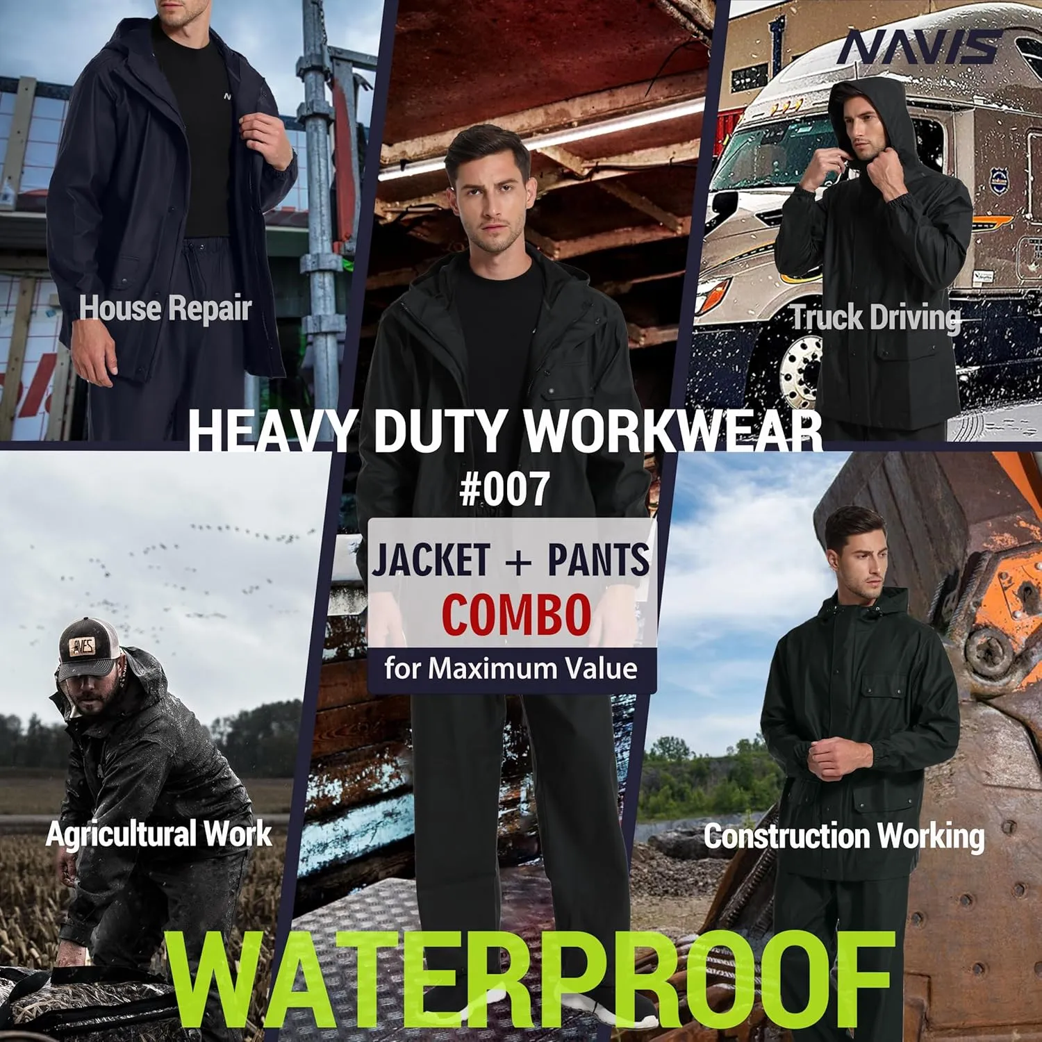 Waterproof Rain Suit- Heavy Duty Workwear Jacket with Elastic Pant Foul Weather Gear Combo Set