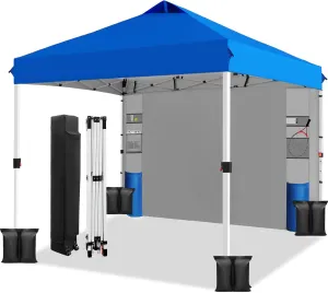 WEIZE 10x10 Pop Up Canopy Tent,One-Button Push Setup,Pop Up Tent with 1 Sidewall and 6 Pockets,Adjustable Height Instant Portable Shelter,4 Weight Bags,Sun Shade for Events & Beach (Blue)
