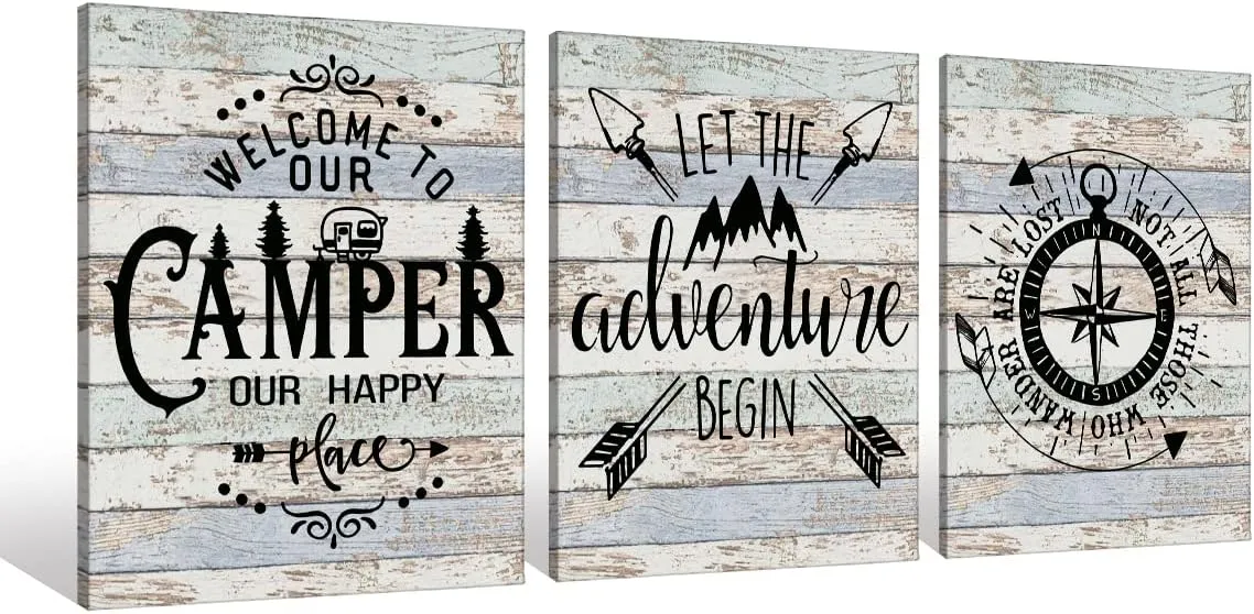 Welcome To Our Camper Let The Adventure Begin Camping Canvas Wall Art Prints Artwork Signs Framed for Campsite Porch Wall Decor Home Room RV Decor, 11X14 inch Set Of 3,Campers Camping Lovers Gifts