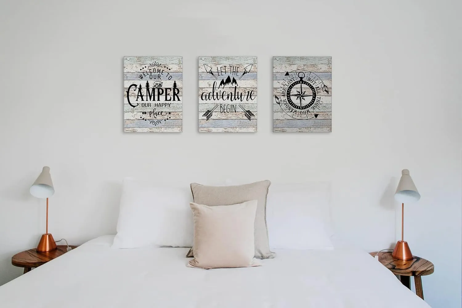 Welcome To Our Camper Let The Adventure Begin Camping Canvas Wall Art Prints Artwork Signs Framed for Campsite Porch Wall Decor Home Room RV Decor, 11X14 inch Set Of 3,Campers Camping Lovers Gifts