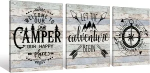 Welcome To Our Camper Let The Adventure Begin Camping Canvas Wall Art Prints Artwork Signs Framed for Campsite Porch Wall Decor Home Room RV Decor, 11X14 inch Set Of 3,Campers Camping Lovers Gifts