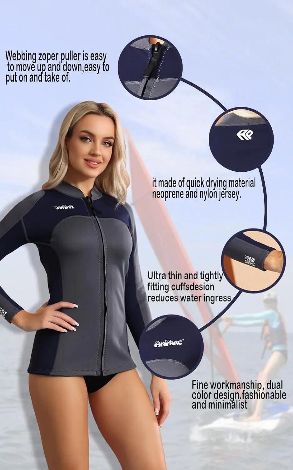 Wetsuit Women Top Jacket Neoprene Wet Suit for Women Cold Water Swimming Jacket Long Sleeve Dive Scuba Wet Suit Shirt Front Zip Wetsuits Shirts Vest for Spearfishing,Snorkeling,Surfing