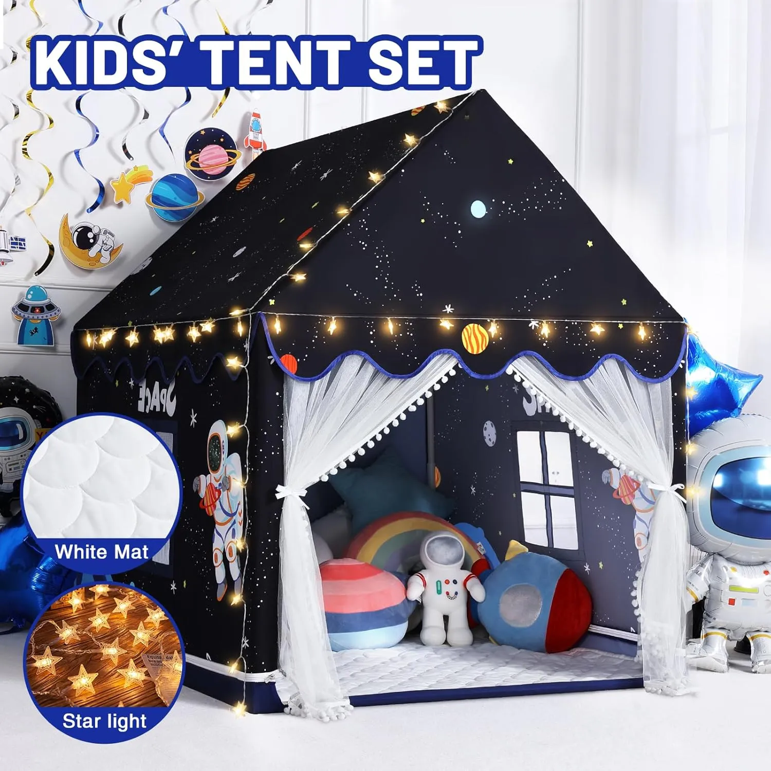 Wilwolfer Space Kids Tent Indoor: Mat, Star Lights - Kids Play Tent Space Decorations for Toddlers - Astronaut Toys Rocket Ship Toys (Black)