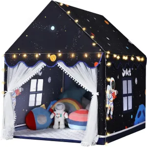Wilwolfer Space Kids Tent Indoor: Mat, Star Lights - Kids Play Tent Space Decorations for Toddlers - Astronaut Toys Rocket Ship Toys (Black)