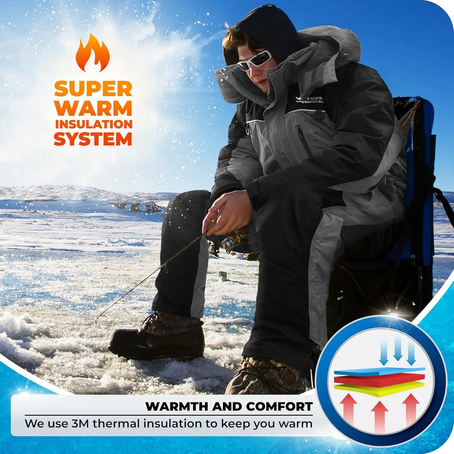 WindRider Ice Fishing Suit Insulated Bibs & Jacket Flotation Tons of Pockets Waterproof Gear for Ice Fishing and Snowmobiling