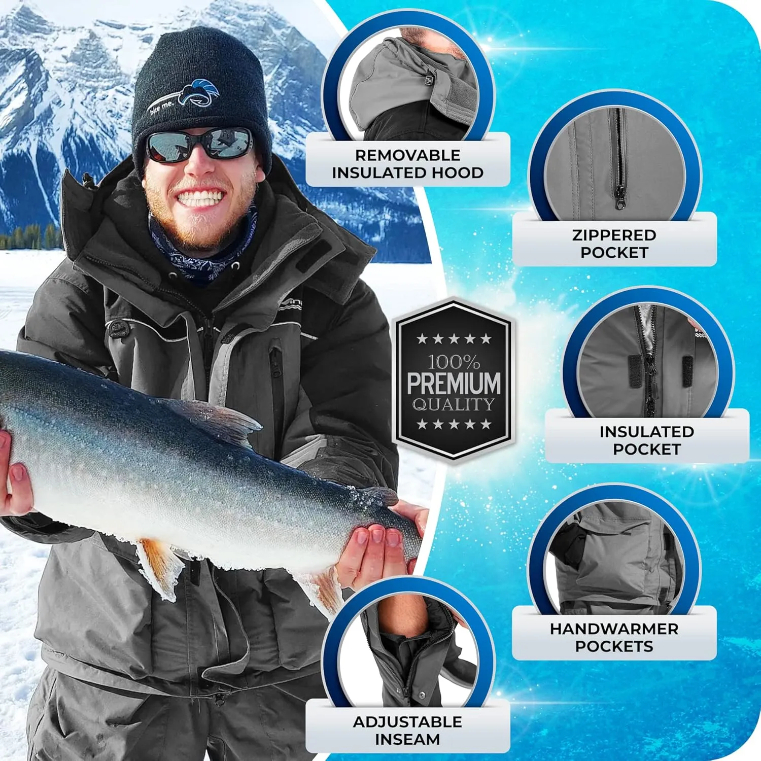 WindRider Ice Fishing Suit Insulated Bibs & Jacket Flotation Tons of Pockets Waterproof Gear for Ice Fishing and Snowmobiling