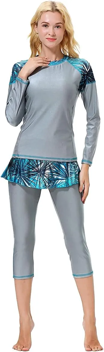 Women Burkini Swimsuits Modest Muslim Swimwear Islamic Long Sleeve Full Cover Hijab Top Skirted Swim Capris ​Pants Set