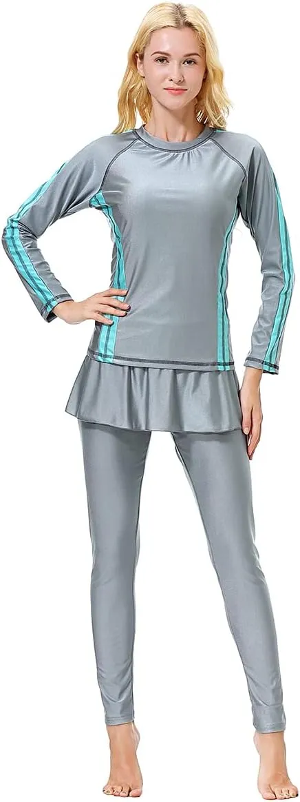 Women Burkini Swimsuits Modest Muslim Swimwear Islamic Long Sleeve Full Cover Hijab Top Skirted Swim Capris ​Pants Set