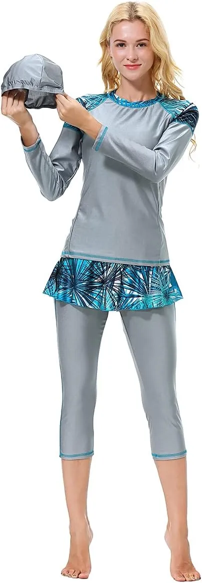 Women Burkini Swimsuits Modest Muslim Swimwear Islamic Long Sleeve Full Cover Hijab Top Skirted Swim Capris ​Pants Set