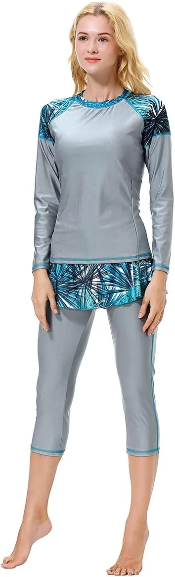 Women Burkini Swimsuits Modest Muslim Swimwear Islamic Long Sleeve Full Cover Hijab Top Skirted Swim Capris ​Pants Set