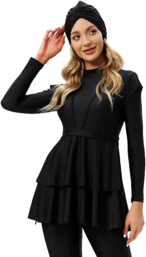 Women Burkini Swimsuits Modest Muslim Swimwear Islamic Ruffle Long Sleeve Full Cover Hijab Top Swim Pants Bathing Suit