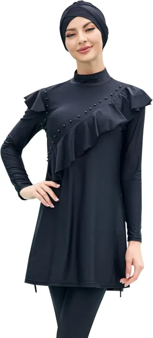 Women Burkini Swimsuits Modest Muslim Swimwear Islamic Ruffle Long Sleeve Full Cover Hijab Top Swim Pants Bathing Suit