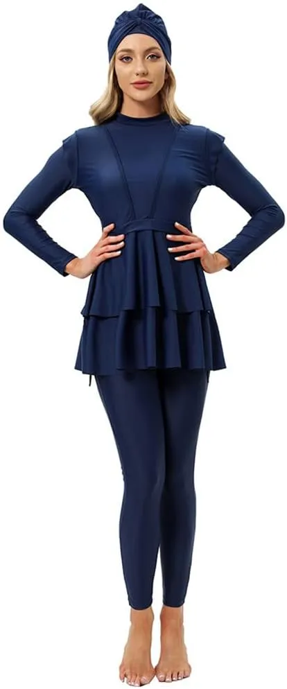 Women Burkini Swimsuits Modest Muslim Swimwear Islamic Ruffle Long Sleeve Full Cover Hijab Top Swim Pants Bathing Suit