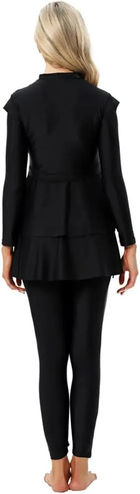 Women Burkini Swimsuits Modest Muslim Swimwear Islamic Ruffle Long Sleeve Full Cover Hijab Top Swim Pants Bathing Suit