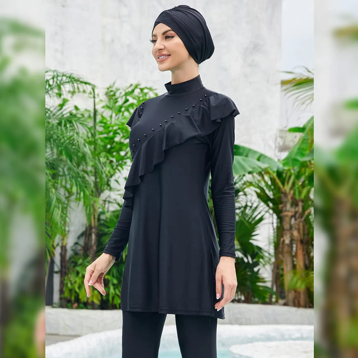 Women Burkini Swimsuits Modest Muslim Swimwear Islamic Ruffle Long Sleeve Full Cover Hijab Top Swim Pants Bathing Suit