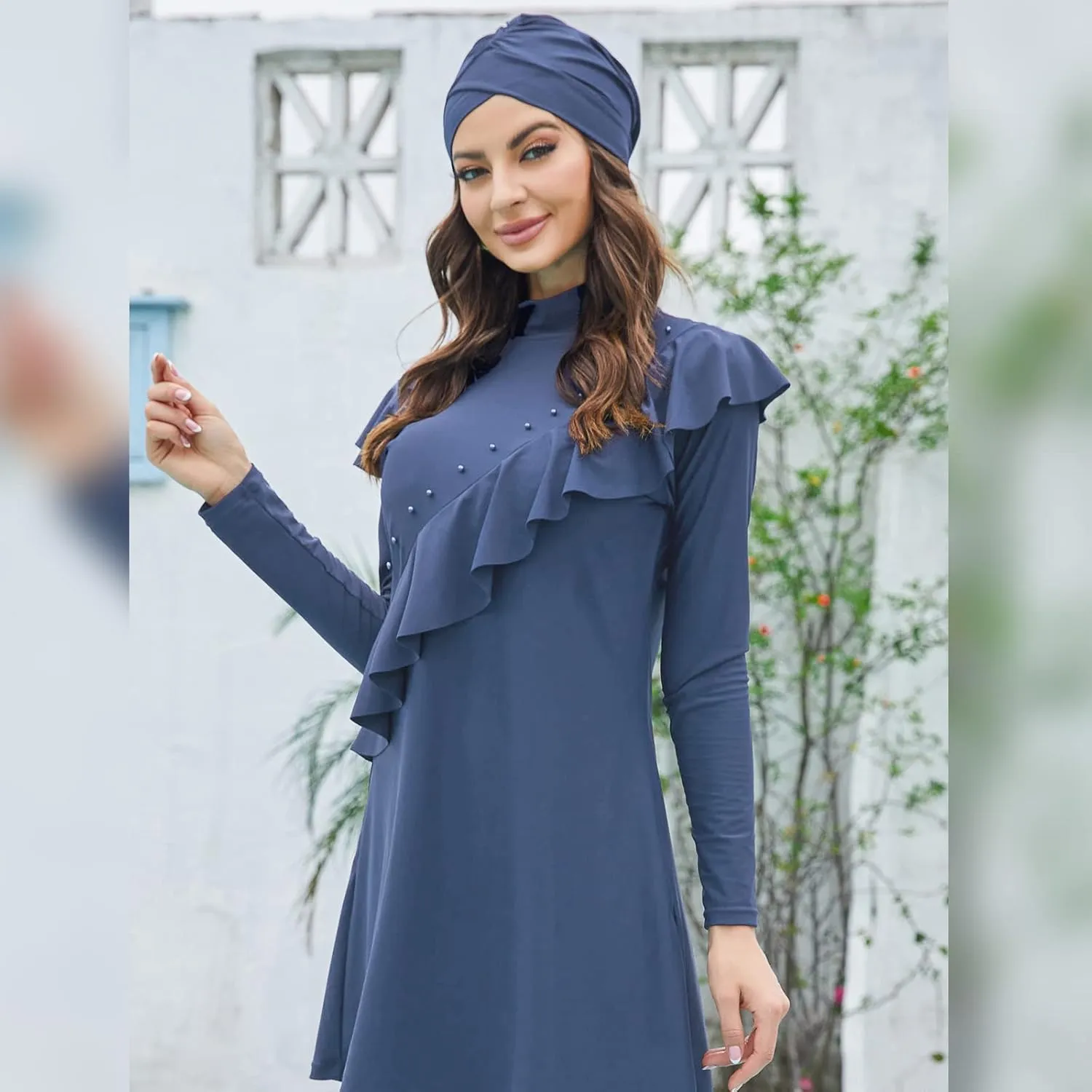 Women Burkini Swimsuits Modest Muslim Swimwear Islamic Ruffle Long Sleeve Full Cover Hijab Top Swim Pants Bathing Suit