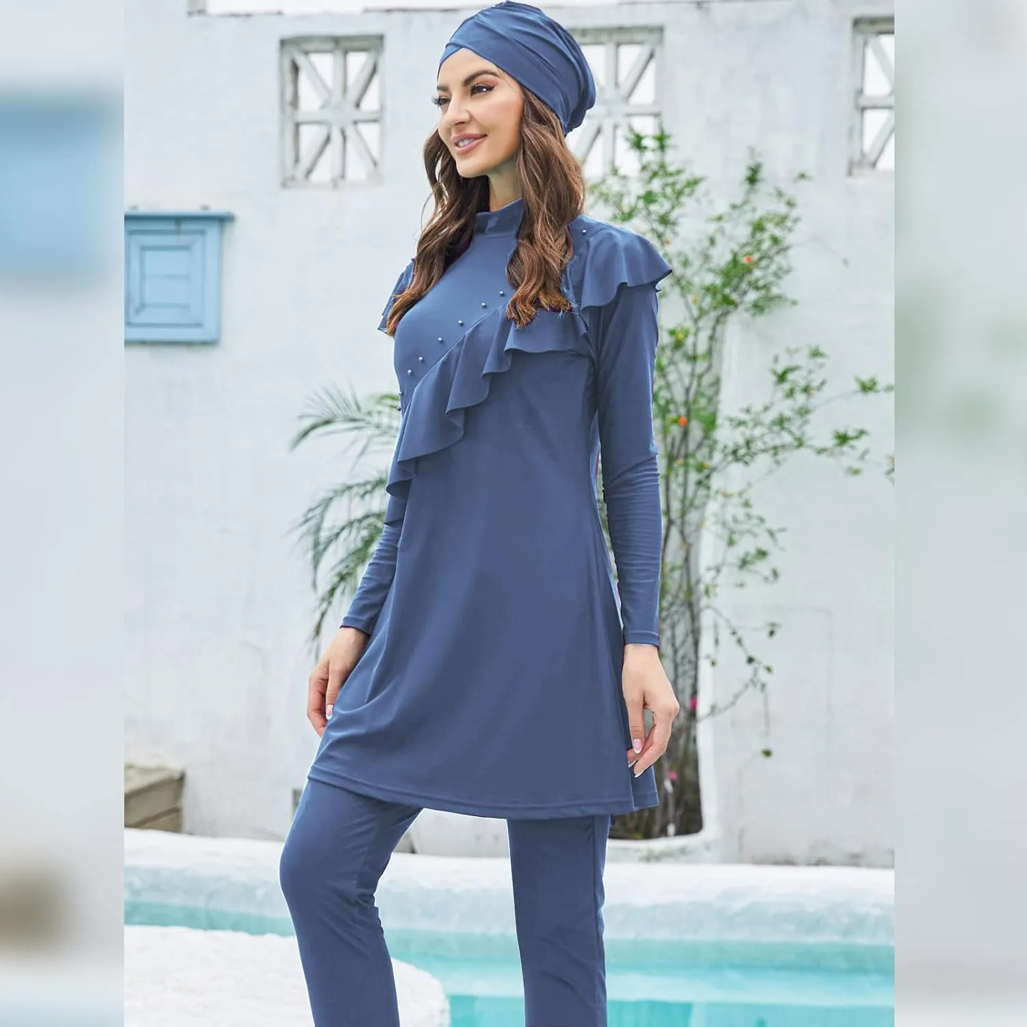 Women Burkini Swimsuits Modest Muslim Swimwear Islamic Ruffle Long Sleeve Full Cover Hijab Top Swim Pants Bathing Suit