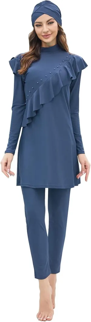 Women Burkini Swimsuits Modest Muslim Swimwear Islamic Ruffle Long Sleeve Full Cover Hijab Top Swim Pants Bathing Suit