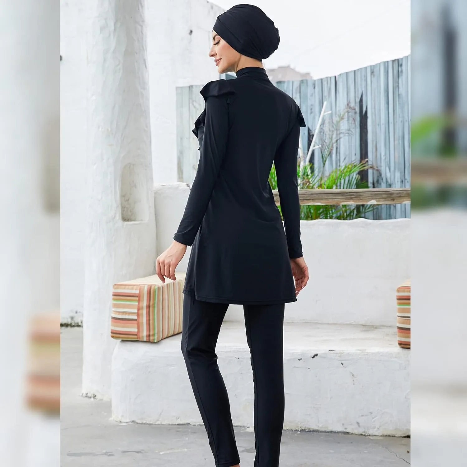 Women Burkini Swimsuits Modest Muslim Swimwear Islamic Ruffle Long Sleeve Full Cover Hijab Top Swim Pants Bathing Suit