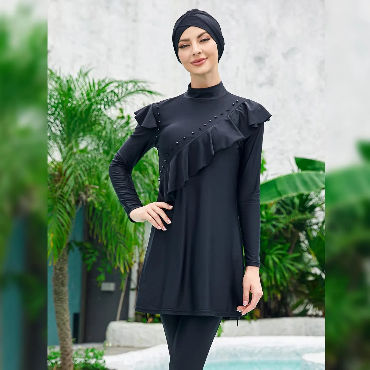 Women Burkini Swimsuits Modest Muslim Swimwear Islamic Ruffle Long Sleeve Full Cover Hijab Top Swim Pants Bathing Suit