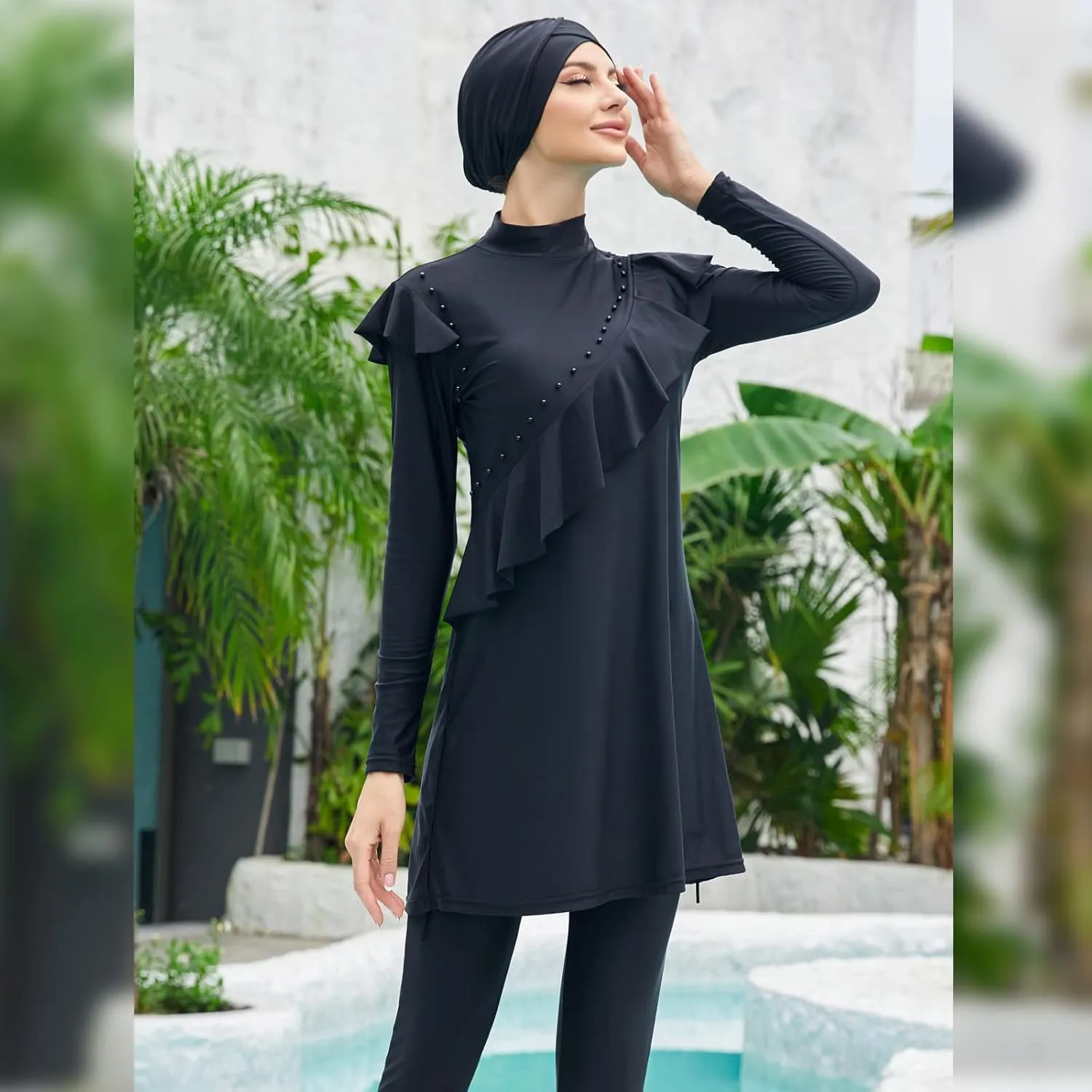 Women Burkini Swimsuits Modest Muslim Swimwear Islamic Ruffle Long Sleeve Full Cover Hijab Top Swim Pants Bathing Suit