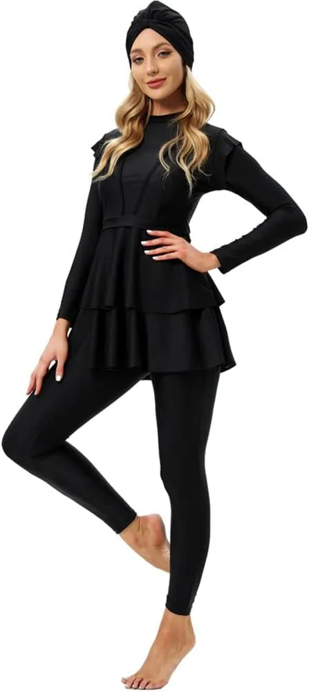Women Burkini Swimsuits Modest Muslim Swimwear Islamic Ruffle Long Sleeve Full Cover Hijab Top Swim Pants Bathing Suit