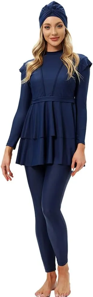 Women Burkini Swimsuits Modest Muslim Swimwear Islamic Ruffle Long Sleeve Full Cover Hijab Top Swim Pants Bathing Suit