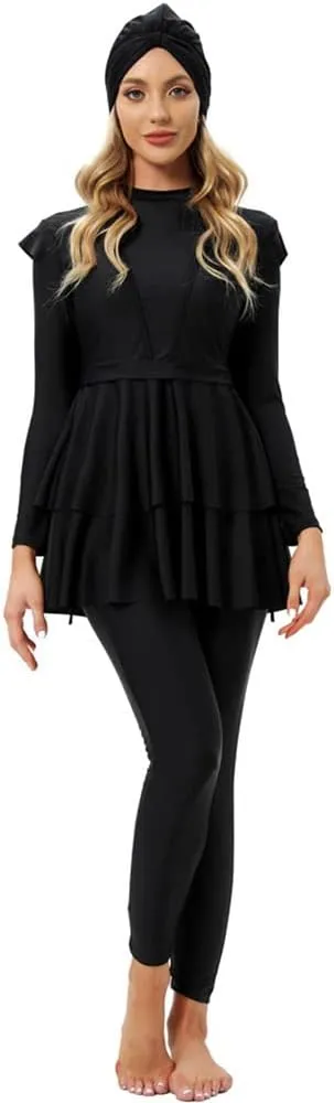 Women Burkini Swimsuits Modest Muslim Swimwear Islamic Ruffle Long Sleeve Full Cover Hijab Top Swim Pants Bathing Suit
