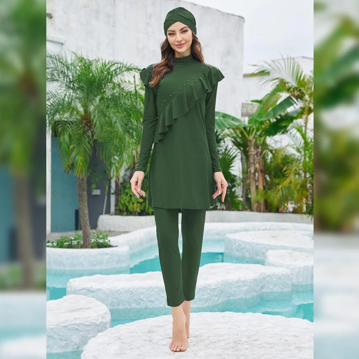 Women Burkini Swimsuits Modest Muslim Swimwear Islamic Ruffle Long Sleeve Full Cover Hijab Top Swim Pants Bathing Suit