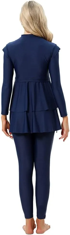 Women Burkini Swimsuits Modest Muslim Swimwear Islamic Ruffle Long Sleeve Full Cover Hijab Top Swim Pants Bathing Suit
