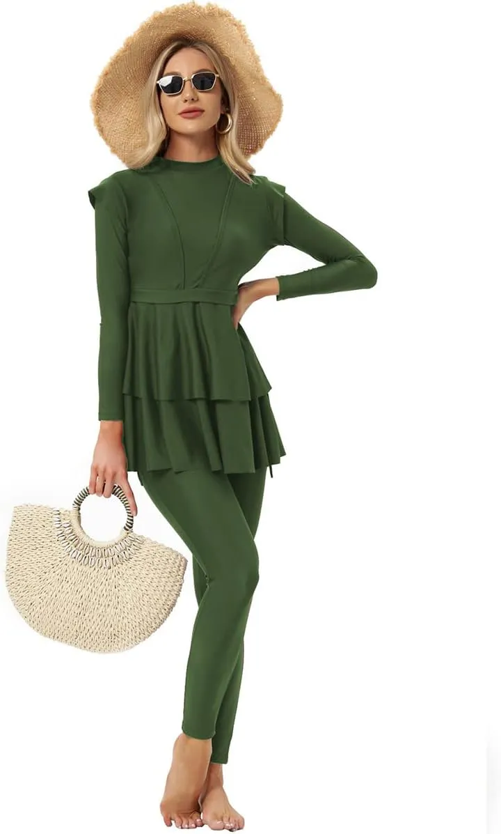 Women Burkini Swimsuits Modest Muslim Swimwear Islamic Ruffle Long Sleeve Full Cover Hijab Top Swim Pants Bathing Suit