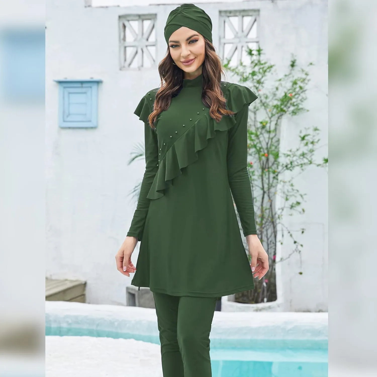 Women Burkini Swimsuits Modest Muslim Swimwear Islamic Ruffle Long Sleeve Full Cover Hijab Top Swim Pants Bathing Suit
