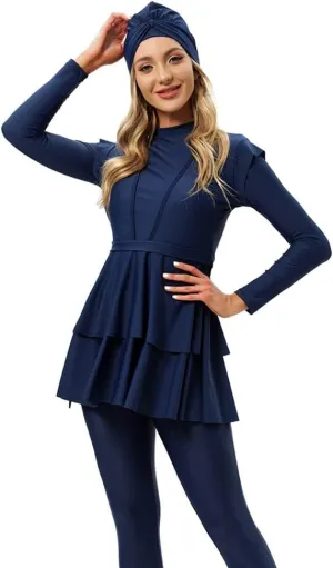 Women Burkini Swimsuits Modest Muslim Swimwear Islamic Ruffle Long Sleeve Full Cover Hijab Top Swim Pants Bathing Suit