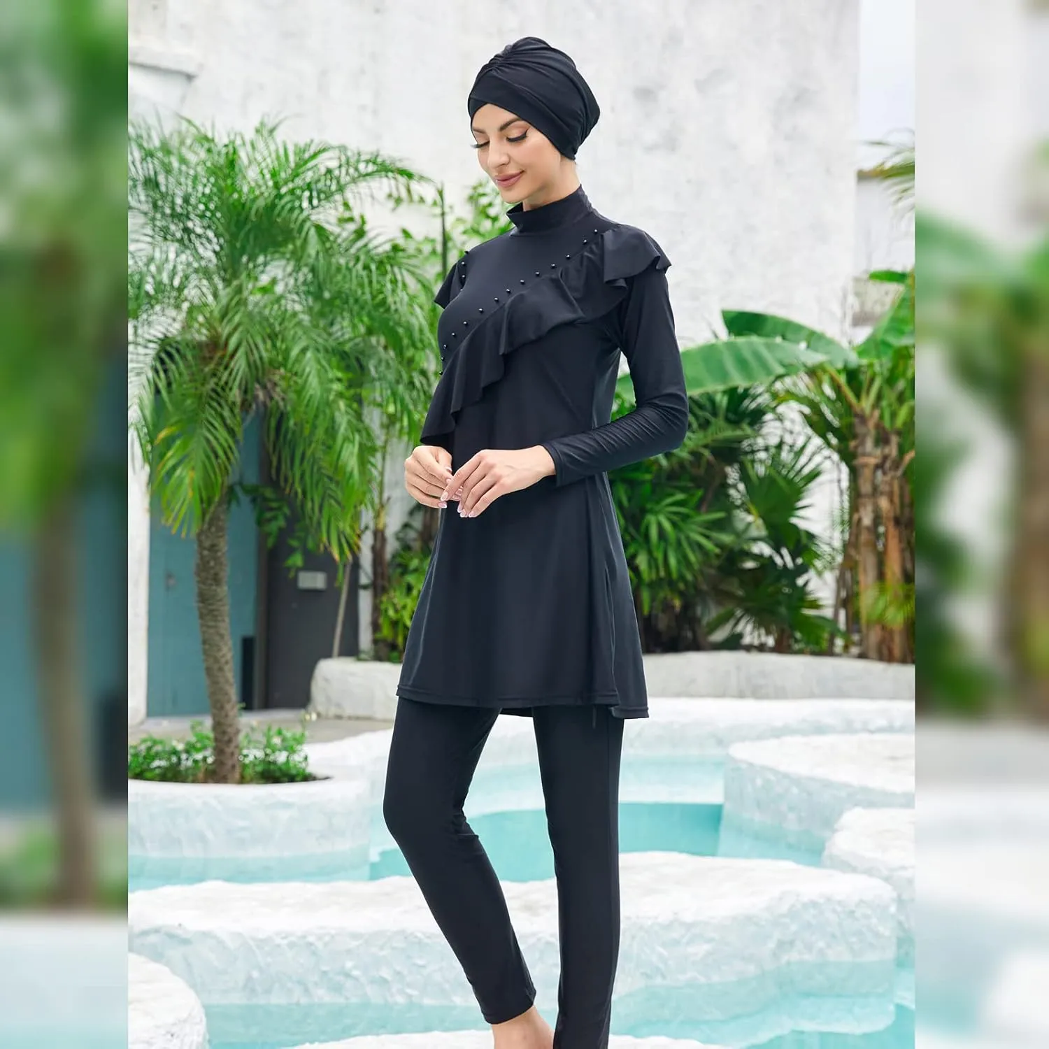Women Burkini Swimsuits Modest Muslim Swimwear Islamic Ruffle Long Sleeve Full Cover Hijab Top Swim Pants Bathing Suit