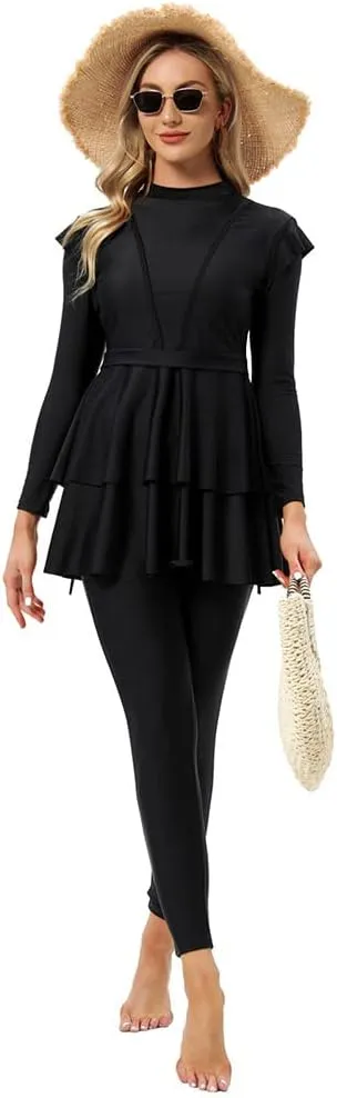 Women Burkini Swimsuits Modest Muslim Swimwear Islamic Ruffle Long Sleeve Full Cover Hijab Top Swim Pants Bathing Suit