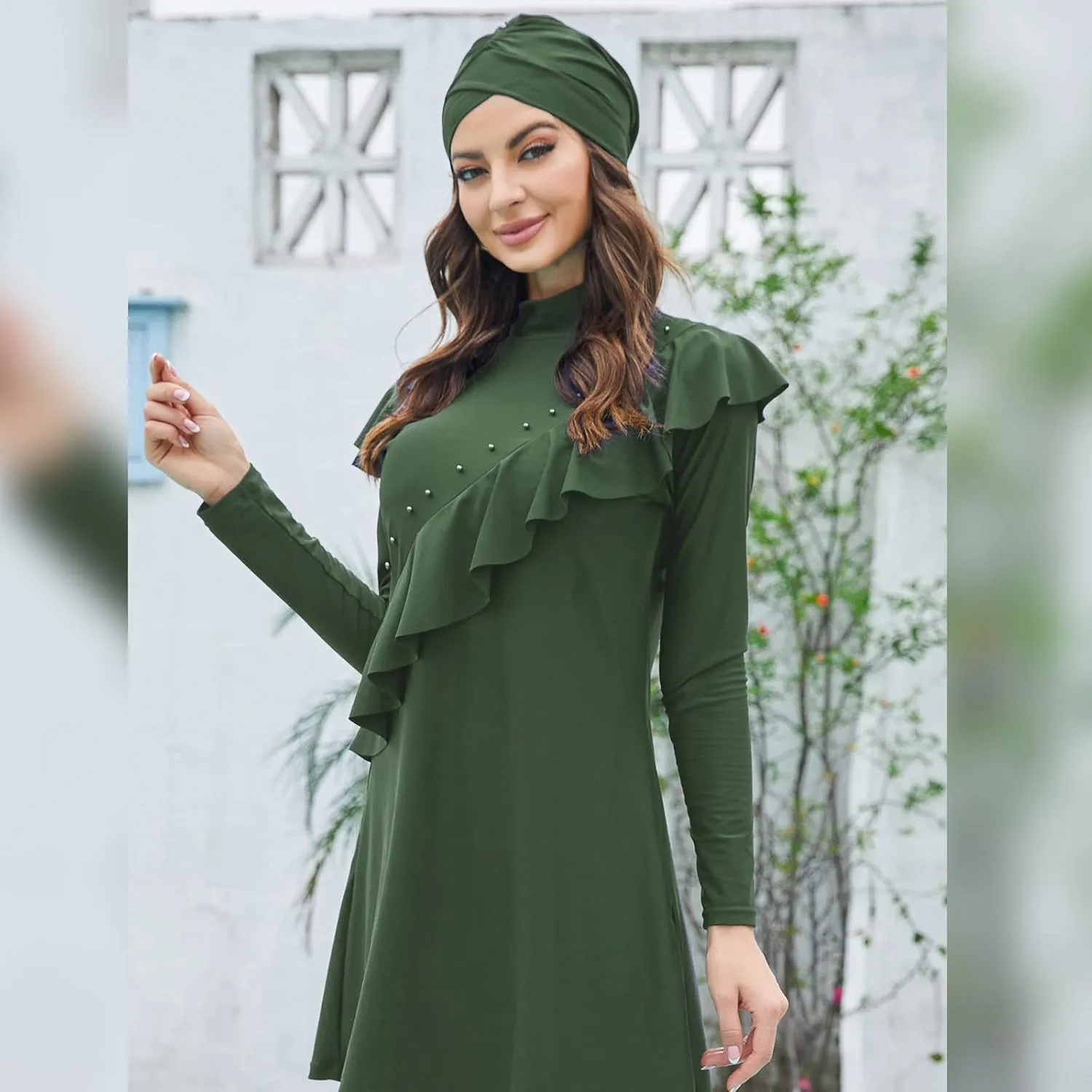 Women Burkini Swimsuits Modest Muslim Swimwear Islamic Ruffle Long Sleeve Full Cover Hijab Top Swim Pants Bathing Suit