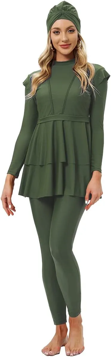 Women Burkini Swimsuits Modest Muslim Swimwear Islamic Ruffle Long Sleeve Full Cover Hijab Top Swim Pants Bathing Suit