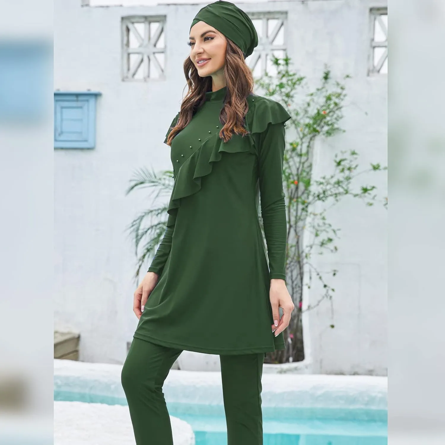 Women Burkini Swimsuits Modest Muslim Swimwear Islamic Ruffle Long Sleeve Full Cover Hijab Top Swim Pants Bathing Suit