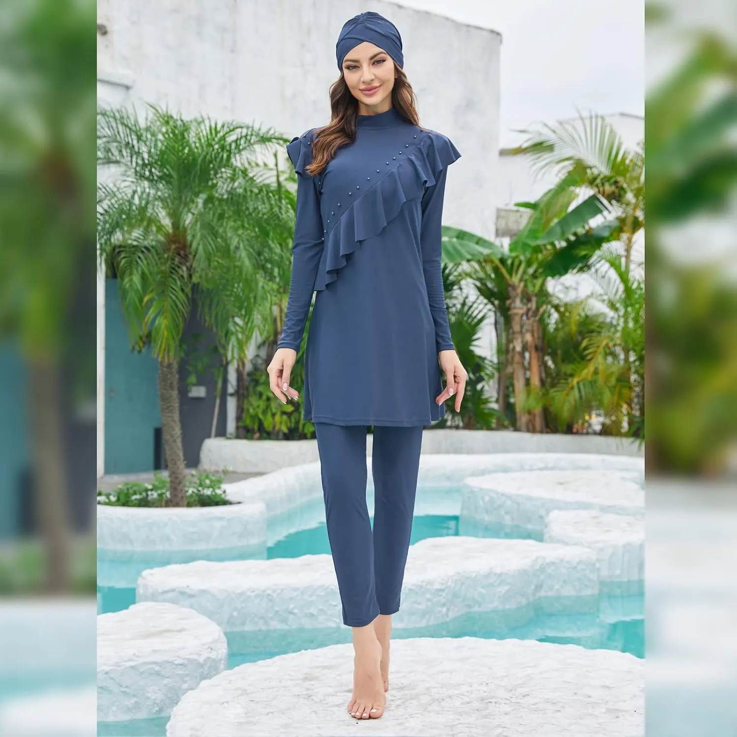 Women Burkini Swimsuits Modest Muslim Swimwear Islamic Ruffle Long Sleeve Full Cover Hijab Top Swim Pants Bathing Suit